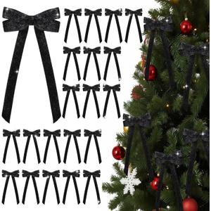 Zhengmy 24 Pcs Long Velvet Bows Glitter Christmas Ornaments Vintage Large Velvet Glitter Christmas Swag Staircase Wreath Tree Topper Bows Large Bow for Outdoor, 6.3 x 12 Inch(Black)
