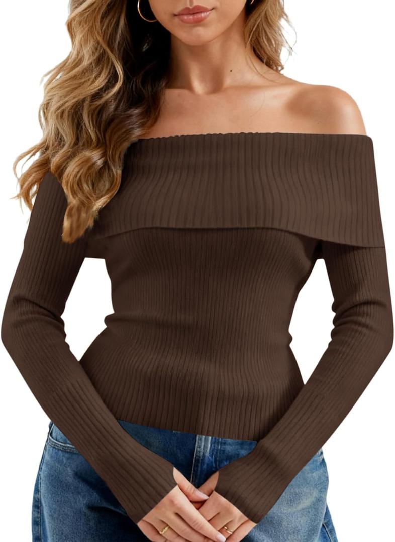 APRROOT Off The Shoulder Sweater for Women Long Sleeve Pullover Ribbed Knit Going Out Thumbhole Tops 2025 Fall Sexy Outfits (Large)