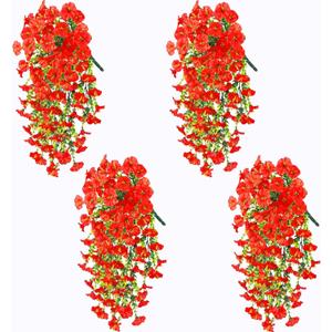 Artificial Fake Plants for Outdoor Spring SSpring, Summer, Autumn and of Decoration, 4PCS Faux Silk Morning Glory Long Vines Stems UV Resistant Look Real for Outside Home Porch Patio (red)