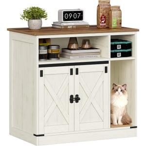 Hzuaneri Cat Litter Box Enclosure, Hidden Litter Box Furniture with Storage, Wooden Cat Cabinet with Scratch Pad, Farmhouse Cats House, TV Stand End Table, Rustic Brown and White CB87514X