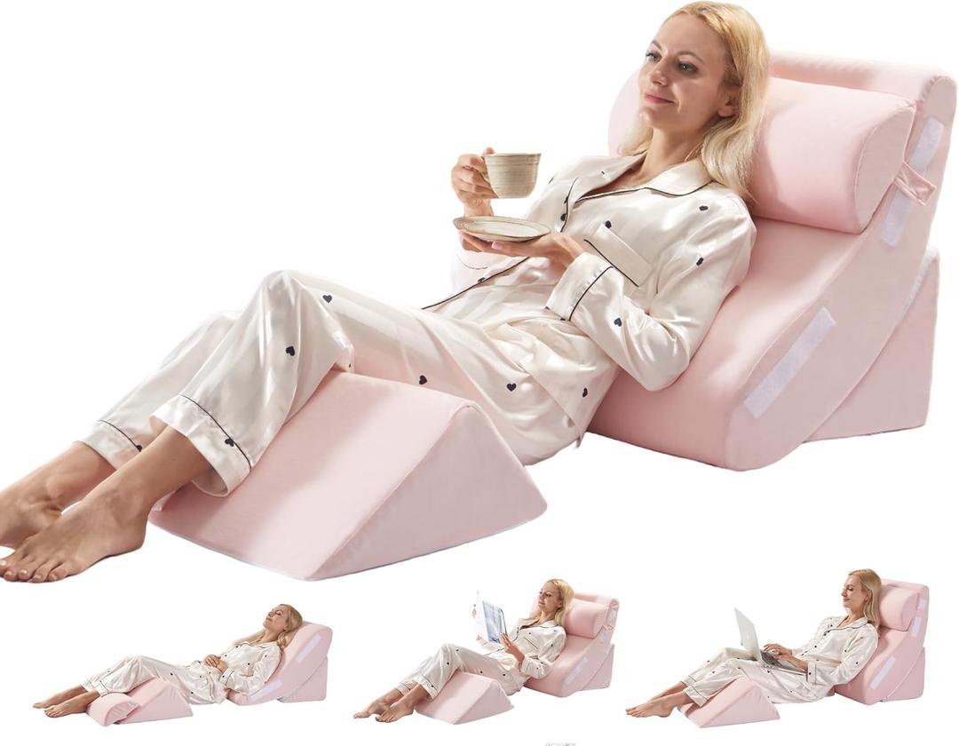 4PCS Orthopedic Bed Wedge Pillow Set for Post Surgery Recovery - Adjustable Memory Foam Support Pillows for Back/Leg/Shoulder Pain Relief, Acid Reflux & Anti Snoring Sleeping System, Pink