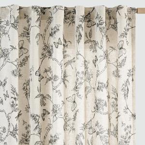 jinchan Floral Linen Curtains for Living Room 84 Inch Length Printed Toile Curtain Black Light Filtering French Country Farmhouse Curtain Flower Patterned Drapes Bedroom Back Tab Rod Pocket 2 Panels