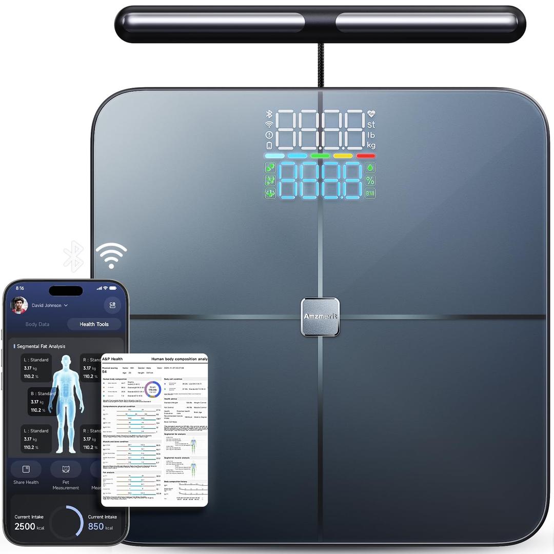 Smart Scale for Body Weight, 8-Electrode Larger Platform Digital Scale for Weight Fat BMI 28 Body Composition Measurement, Bluetooth Bathroom Smart Scales, Rechargeable, Wi-Fi Compatible