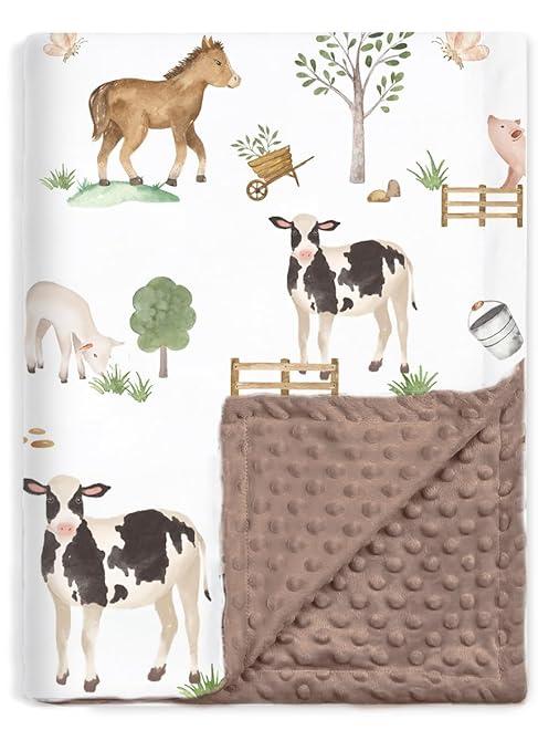 BOPRIO Baby Blankets for Boys Girls, Soft Lightweight Nursery Minky Blankets with Double Layer Dotted Backing for Infant Toddler Nursery Crib with Cute Farm Animals Design 30 x 40 Inch