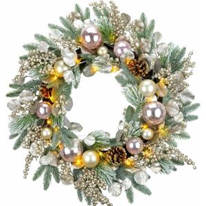 YULETIME 24" Christmas Wreath, Artificial Holiday Wreath with Baubles, Berries, Leaves, Spruce Branches, Snowy Pine Needles (Pink Bauble)