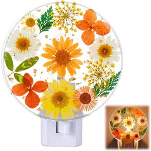 Glooglitter Pressed Flower Night Light Plug in - Handmade Dried Floral Wall Night Light, Soft Glow Decorative Nightlight for Hallway Bedroom Nursery Bathroom, Vintage Botanical Home Decor(Orange)
