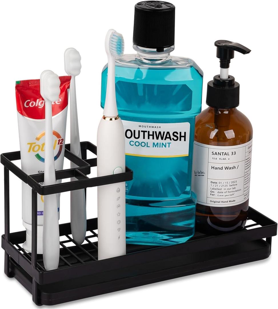 Toothbrush Holders for Bathrooms, Carbon Steel Tooth Brushing Holder Electric Toothbrush and Toothpaste Organizer Bathroom Accessories for Countertop, Shower, Sink - Matte Black (Small)