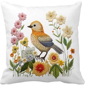 Leaveland Bird Wildflower Faux Embroidery Print 18x18 Inch Throw Pillow Cover Boho Farm Animal Embroidered Floral Decorative Cushion Case Spring Summer Christmas Home Room Decor Gift Flower Pillowcase