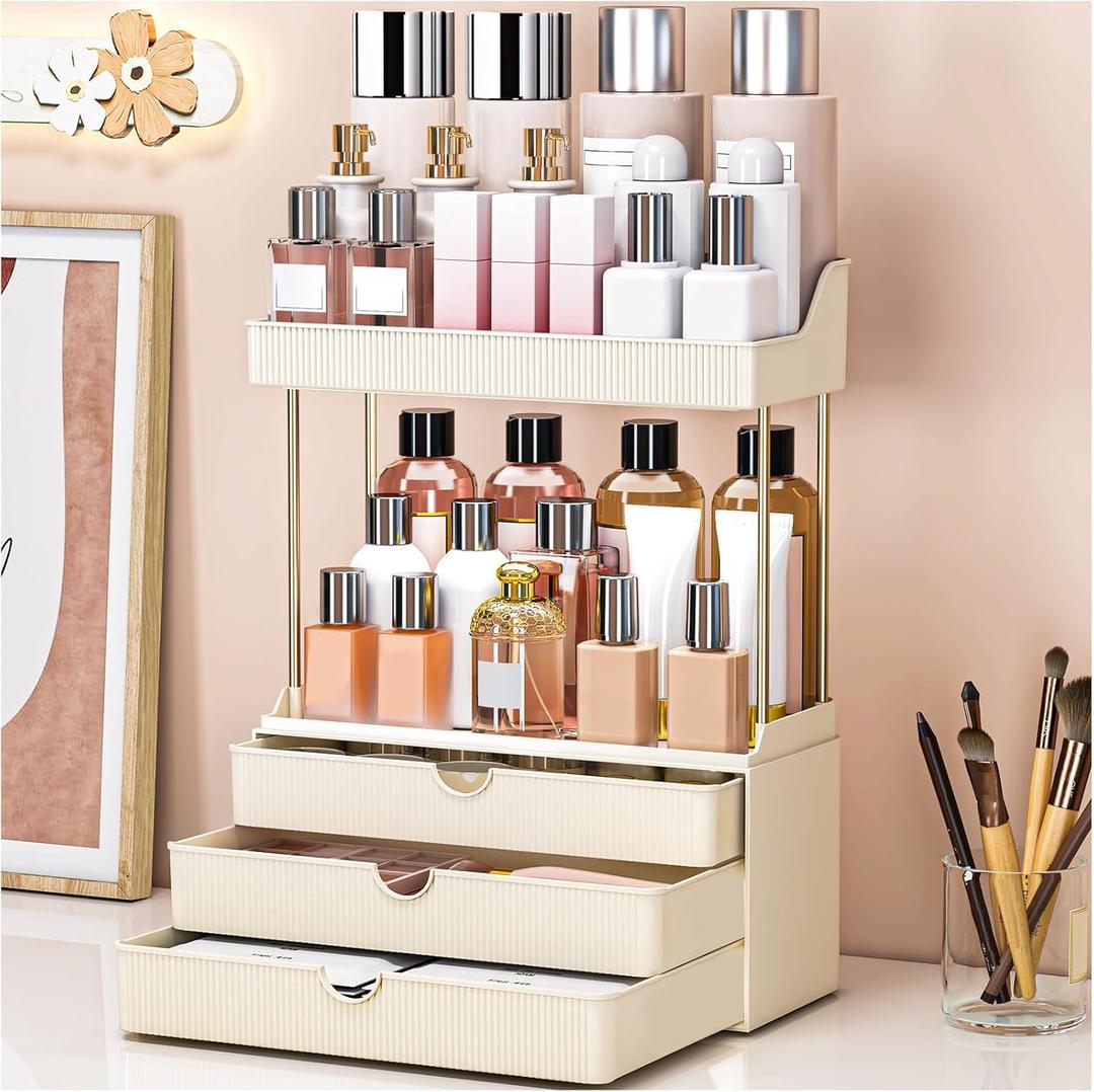 Bathroom Organizers and Storage - 3 Drawers 2 Tier Makeup Organizer, Cosmetic Storage Drawer for Dresser Countertop and Bathroom Vanity for Large Skincare, Perfume, Cream White