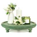 EOSAHR Round Pine Wooden Display Riser - Beaded Wood Riser for Small Plant Stand & Sink Sponge Holder, Perfume Display Stand - Rustic Kitchen Counter Organizer, Boho Chic Room Decor (Green)