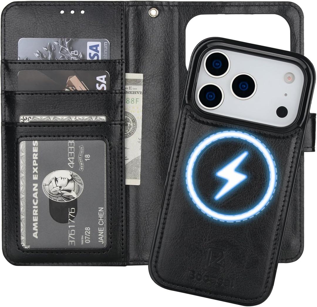 Bocasal for iPhone 17 Pro Wallet Case Compatible with MagSafe Wireless Charging, RFID Blocking Magnetic Leather Case with Card Slots Holder Kickstand Detachable Wrist Strap 6.3 Inch (Black)