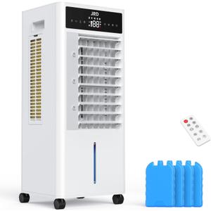 JRD 3-IN-1 Portable Evaporative Air Cooler with Remote, 12H Timer, 4 Ice Pack, 2.4Gal Tank, 4 Mode & 3 Speed, Mist Function, Swamp Cooler Cooling Fan for Bedroom Home Office (White)