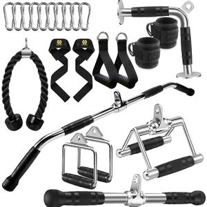 LAT Bar Cable Attachment with Rubber Handgrips, Deluxe Heavy Duty Solid Curl Bar Revolving Hanger Home Gym Cable Attachments (White 35.5inch Set)