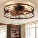 VOLISUN Farmhouse Caged Ceiling Fans with Lights Flush Mount, 19.7'' Rustic Low Profile Ceiling Fan with Light and Remote, Bladeless Fandelier Ceiling Fans with Lights for Kitchen, Bedroom(Wood)