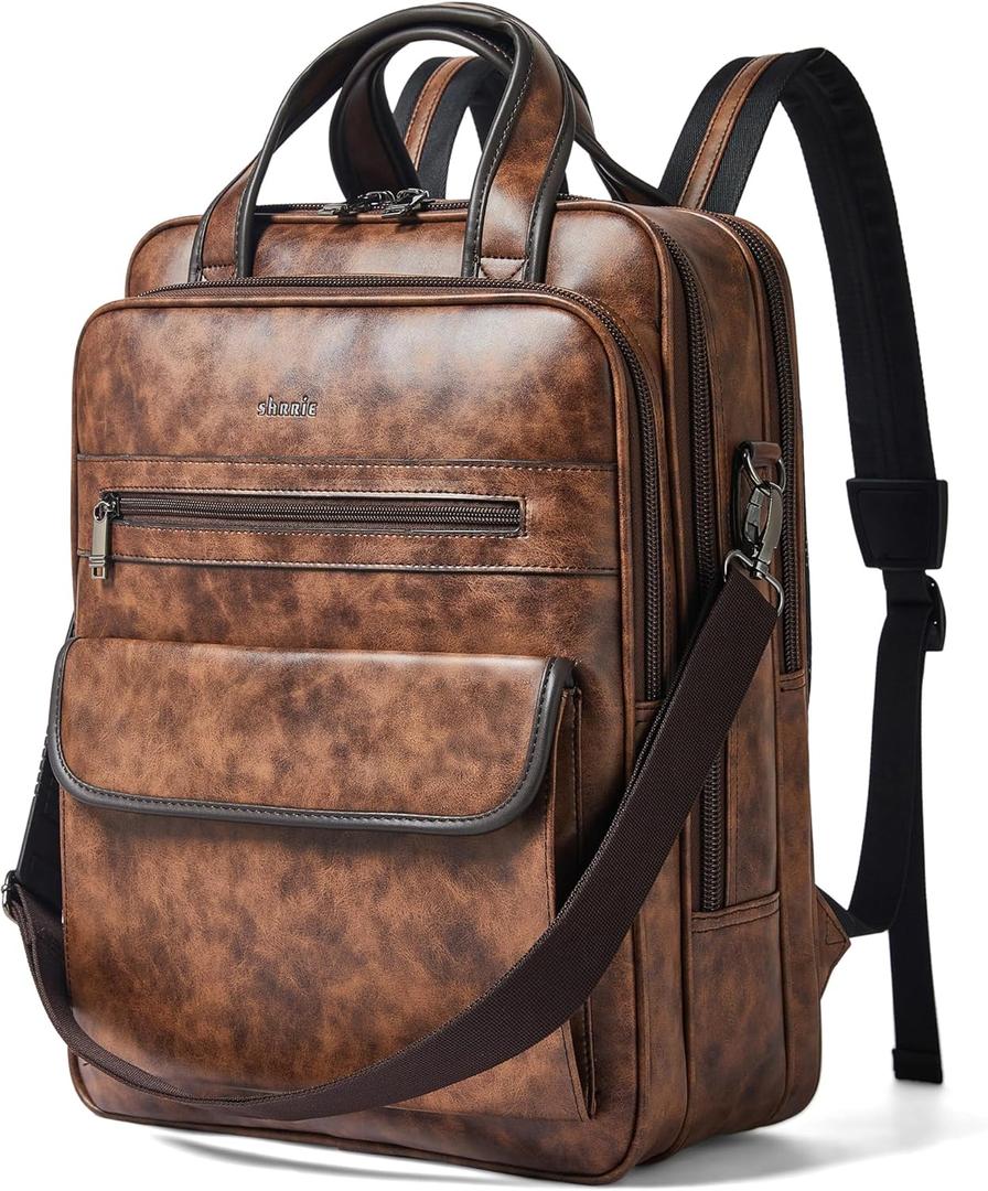 Shrrie Laptop Backpack for Women and Men, 15.6 Inch Vegan Leather Computer Backpack Professional Water-Resistant Casual Daypack for Work Business College Travel Office,Two-toned Brown
