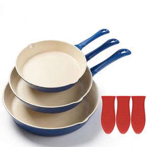 Hwxjvzoc 3-Piece Nonstick Cast Iron Skillet Set, Ceramic-Reinforced Interior, Rustproof & Stick-Free, Premium Enameled Cast Iron Alternative, Blue & Red, Durable, Easy Clean, All Cooktops