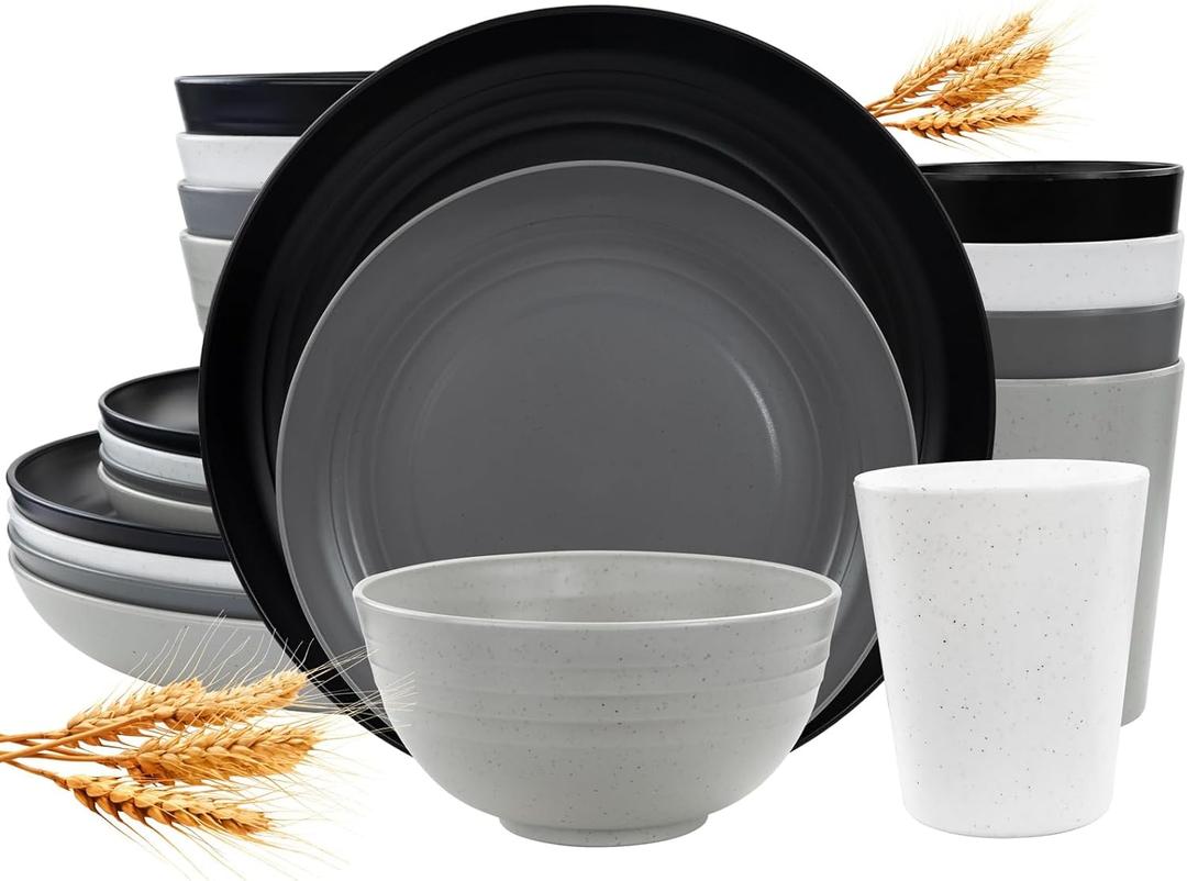 LIYH 16 Pcs Plastic Wheat Straw Dinnerware Sets for 4 - Plates and Bowls Sets Reusable Tableware Dish Set for 4 Include Wheat Straw Plates Bowls Cups Microwave Dishwasher Safe (White Black Gray Light Gray)