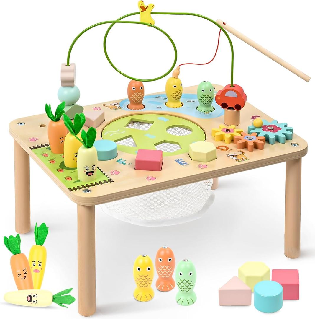 wingyz Activity Table, 6 in 1 Wooden Montessori Activity Center with Bead Maze Shape Sorter Fishing Game, Kids Sensory Play Table Toddler Toys 1st Birthday Gifts Boy Girl(Morandi-Square)