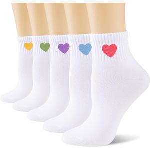eallco Womens Cute Ankle Socks Cotton Crew Quarter Above Ankle High Socks Heart Design 5 Pairs