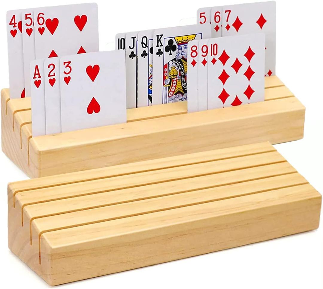 Card Holders for Playing Cards Set of 2, Pine Solid Wooden Playing Card Holders for Adults Seniors Kids 9.84 X 3.15 X 2.25 Inch, Uno/ Canasta/ Bridge/ Hand and Foot Card Holder