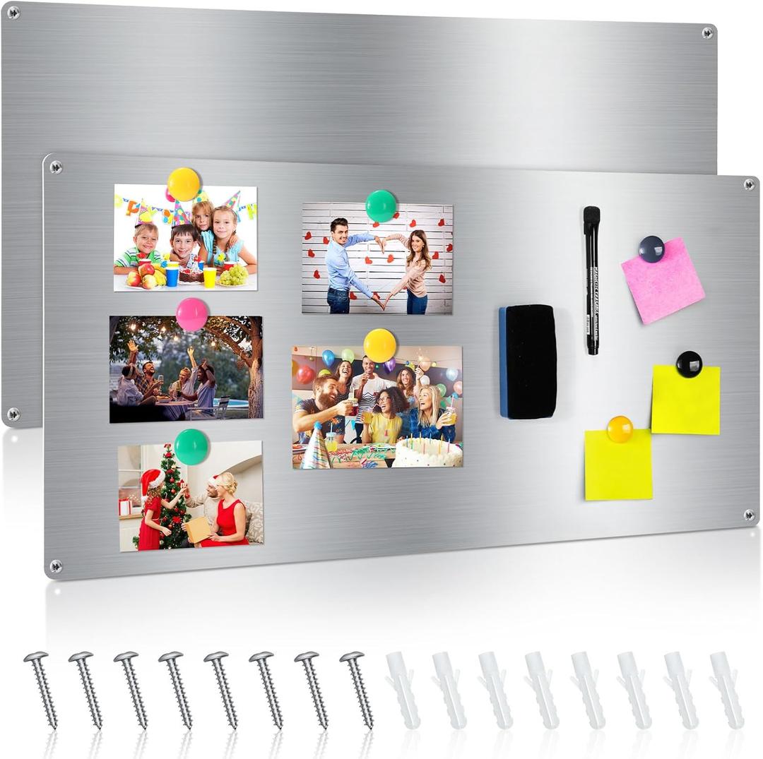 Therwen 2 Pieces 30 x 14 Inches Magnetic Wall Board Wet Erase Stainless Steel Magnet Bulletin Board Easy to Install with Mounting Screws for Home Office School Wall Refrigerator Display