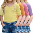 4 Pack Girls Half Sleeve Tops V Neck Slim Fit Ribbed Knit Shirts Short Sleeve Basic Casual Solid Summer Tees