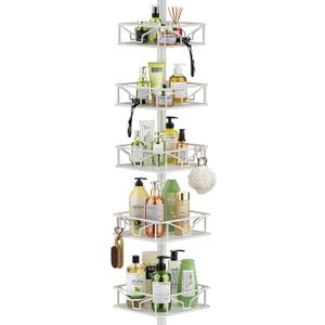 Skycarper 5 Tier Adjustable Corner Shower Caddy Organizer with Hooks,Rustproof Tension Pole 62-116 Inch,White