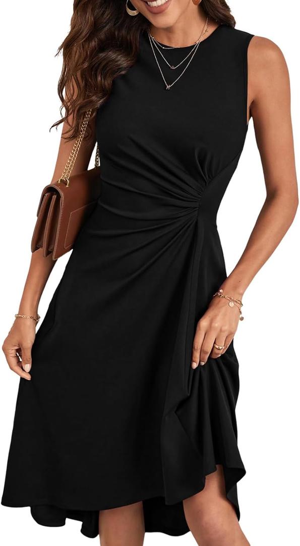 Happy Sailed Midi Dresses for Women Date Night Summer Sleeveless Empire Ruched Waisted Slim Fit Irregular Hem Flared A-Line High Low Cocktail Party Dress Black, X-Large