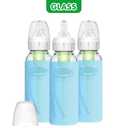 Dr. Brown's Anti-Colic Options+ Narrow Glass Baby Bottles 8 oz/250 mL, with Level 1 Slow Flow Nipple, 3 Pack 0m+ with Blue 100% Silicone Sleeves, BPA-Free