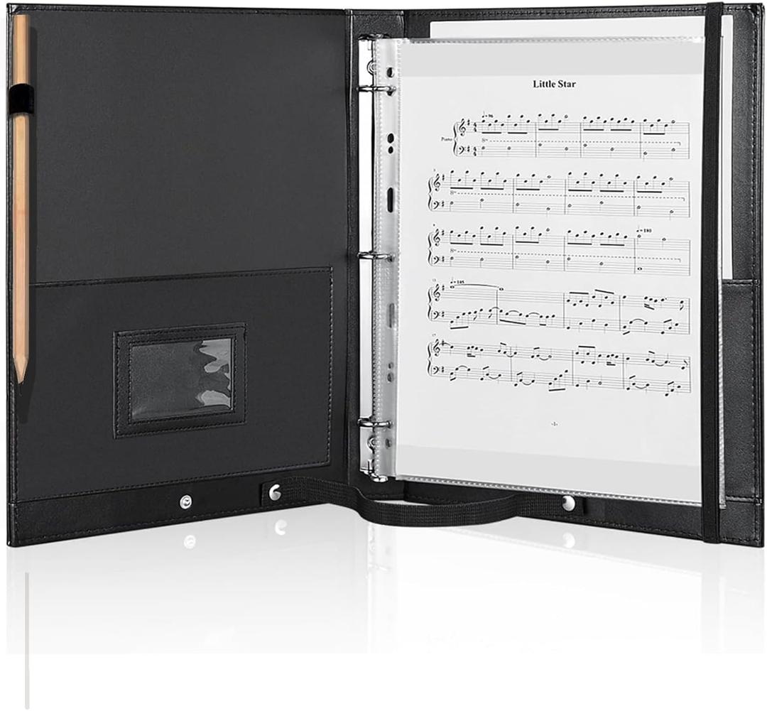MUDOR Premium Choral Muisc Folder, PU Choir Folder with Hand Strap and Internal Retention Strap,3 Ring Black Choir Binder for Musician, Singer, Stage Performance