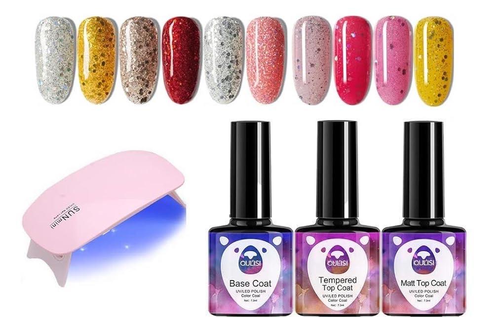 OUL'ISI 14pcs Gel Nail Polish Kit, Popular Bright Nail Art Solid Sparkle Glitters Colors Manicure with UV LED Nail Lamp, Base Coat Top Coat and Matte Coat Home DIY Nail Art Design (BlingBling)