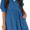Womens Summer  Puff Sleeve Babydoll Elegant Empire Waist Mini Swing Skater Dress Size M
