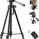 55" Camera Tripod, Lightweight Aluminum Travel DSLR Camera Stand with 6.6lb Load Capacity, Bluetooth Remote Shutter, Carry Bag & Weight Hook for Higher Stability (Black)
