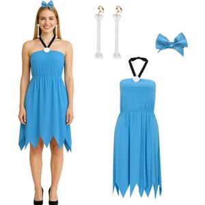 Women Costume Blue Dress Caveman Couple Halter Neck Gown Earrings Hair Bow Halloween Cosplay Outfit (X-Large)
