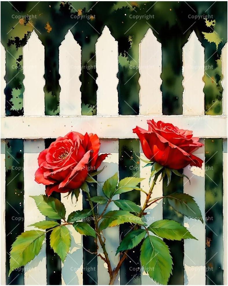 Rose Garden Fence Paint by Numbers Kit for Adults DIY Two Red Roses on White Fence Painting on Canvas 16x20 Inch, Acrylic Paint Set, Suitable for Beginners,Art for Home Decoration or Gifts