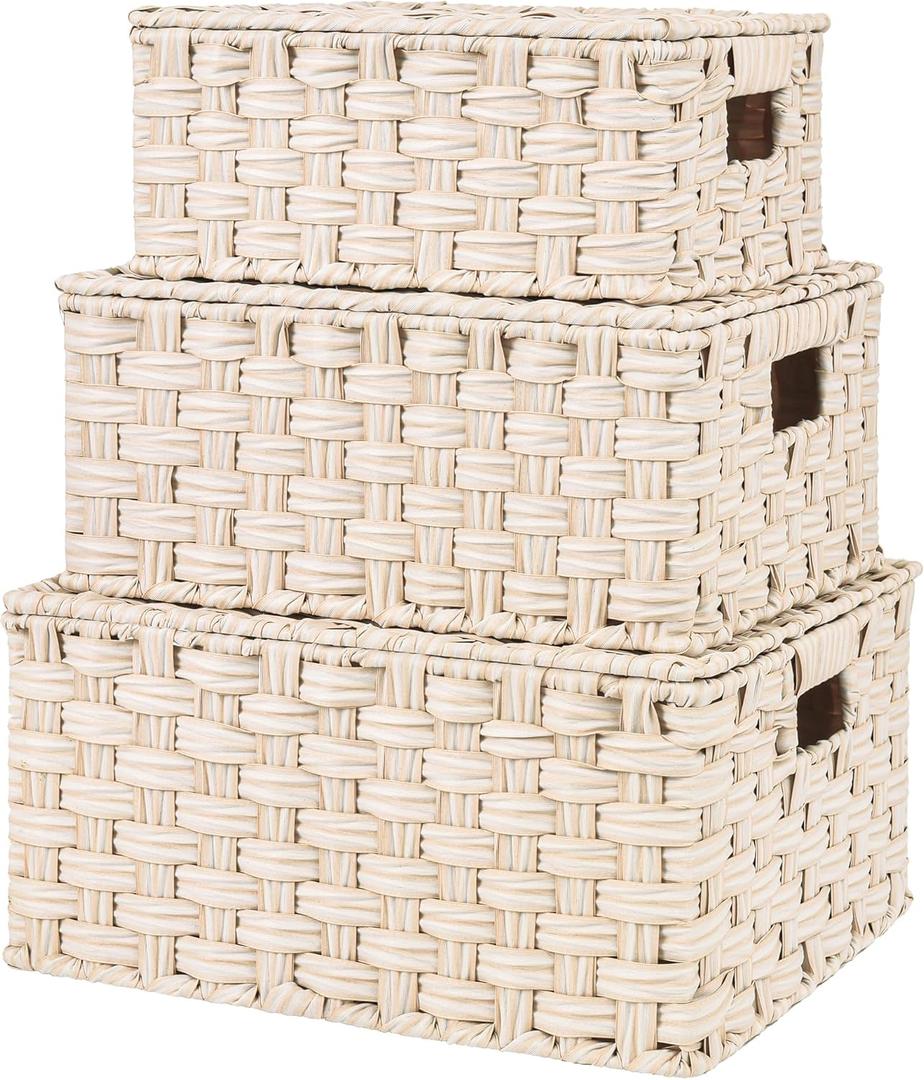 GRANNY SAYS Wicker Storage Baskets with Lids, Set of 3 Decorative Storage Boxes, Baskets for Organizing, Butter Milk, 3-Pack