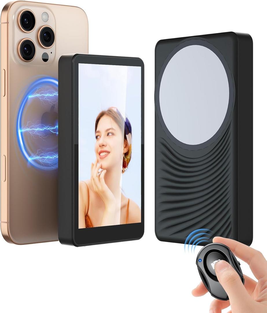 Phone Vlog Selfie Monitor Screen, Magnetic Selfie front Screen for iPhone/Android with Remote Control, Wireless Connection Rear Camera for Selfie Vlog Live Stream, Black
