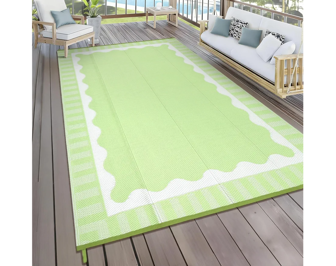  9x12 Outdoor Rug Waterproof Foldable Plastic Straw Carpet for Patio Porch Scalloped Border Reversible Mat Lightweight Floor Mat for Picnic, Rv, Beach, Deck, Camper, Balcony Light Green