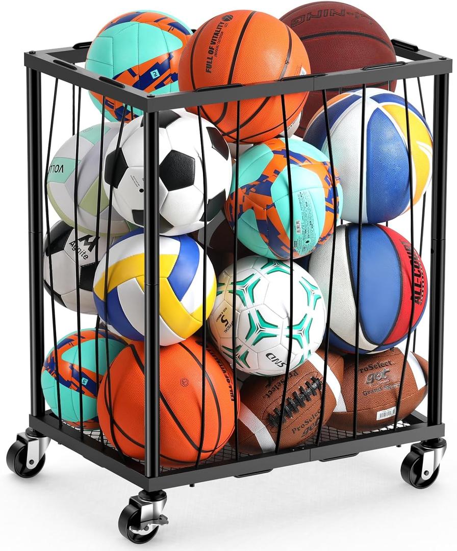 TomCare Garage Ball Rolling Storage Rack Large Capacity Basketball Holder with Elastic Rope [Hold 12-15 Balls][Easy to Take] Garage Sports Equipment Organizer cart with Wheels for Home, Outdoor Use