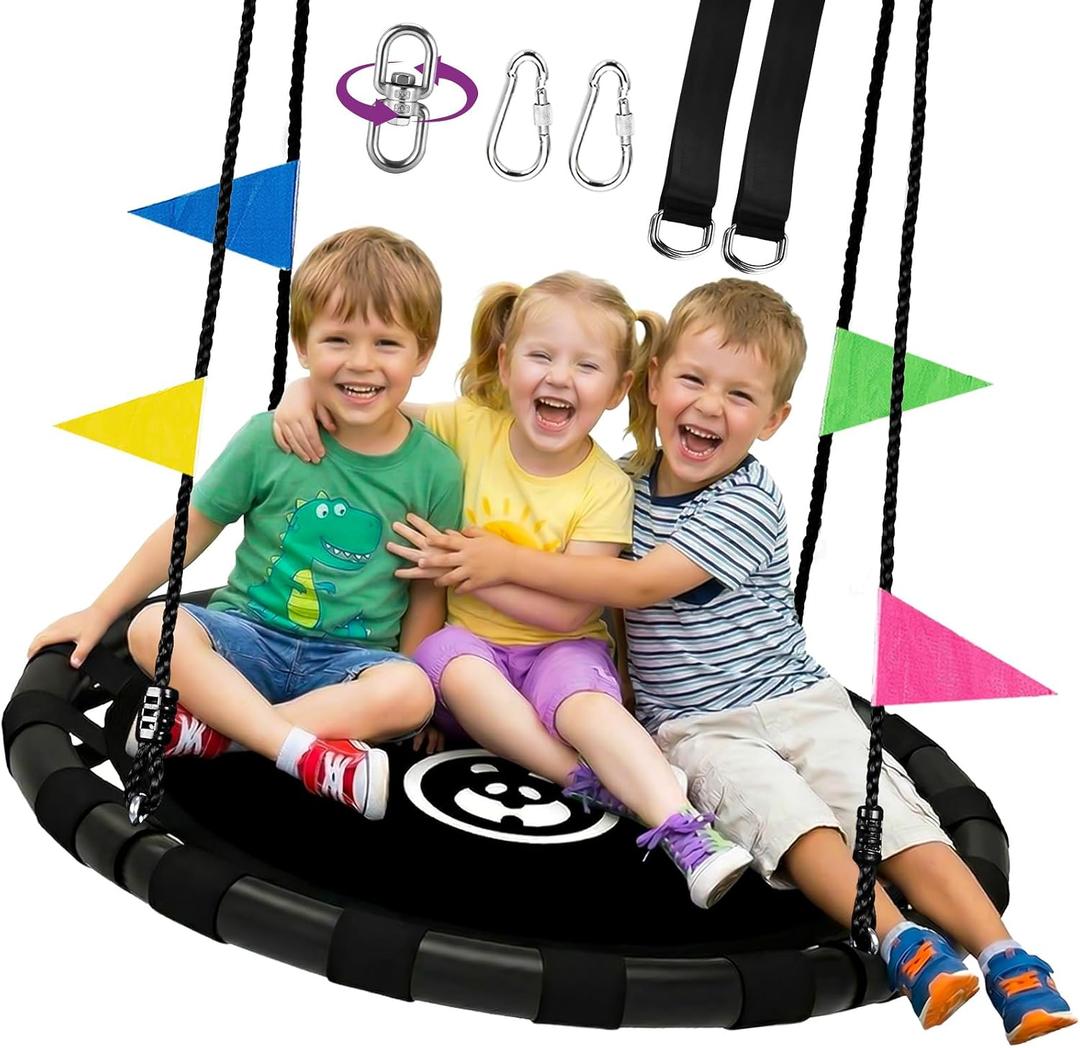 HeyZoo 48 Inch Saucer Swing for Kids & Adults, 900lbs Weight Capacity Heavy Duty Tree Swing Sets for Backyard with 2 Hanging Straps, Adjustable Ropes & Center Swivel Spinner, Gifts for Family, Black