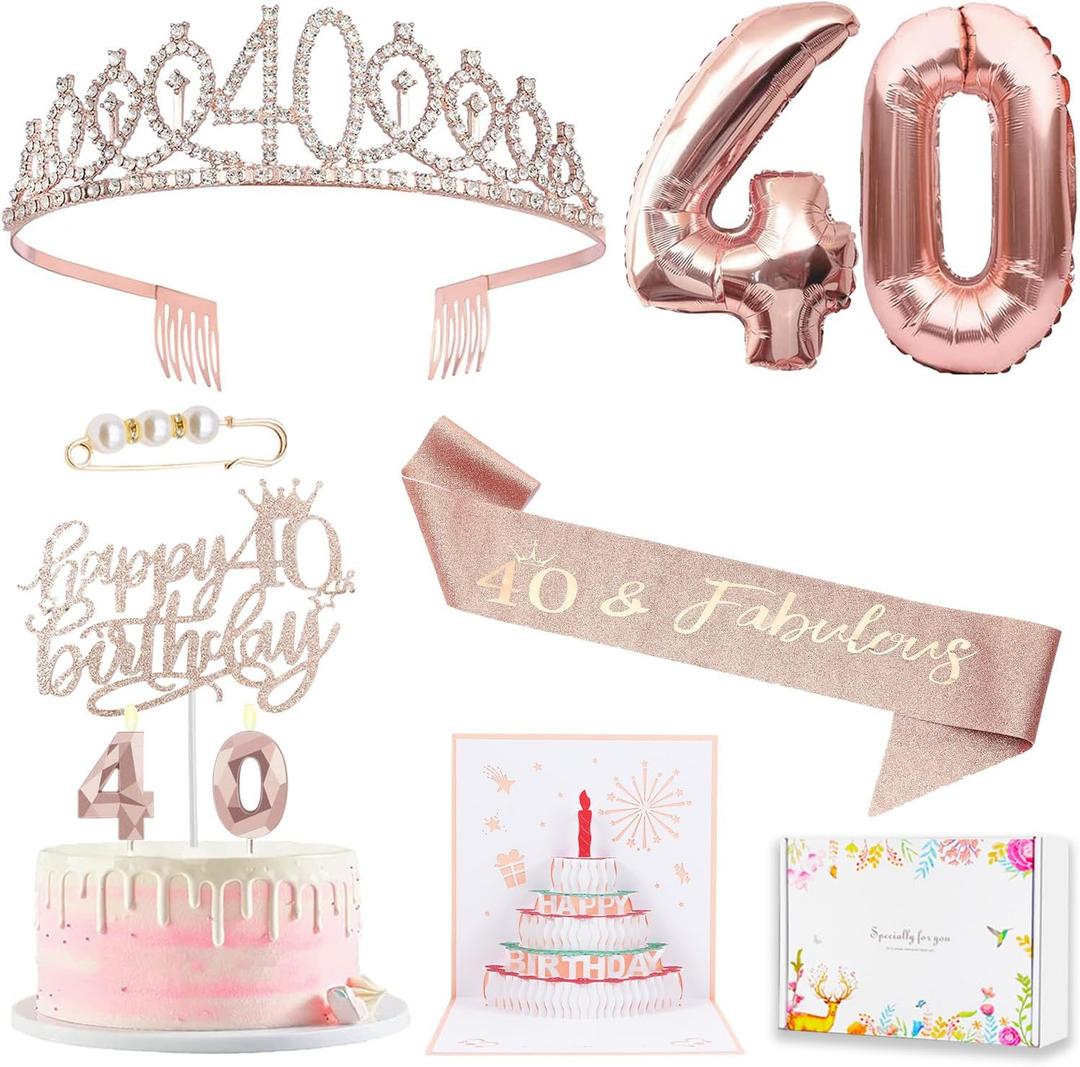40th Birthday Gifts Decorations for Women, Including 40th Happy Birthday Cake Toppers, Birthday Queen Sash with Pearl Pin, Sweet Rhinestone Tiara Crown, Number Candles and Balloons Set