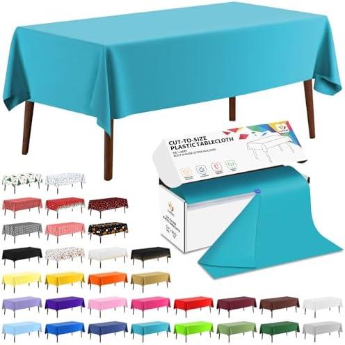 CXPSINC 54 Inch X 300 Feet Plastic Table Cover Roll Disposable Tablecloth with Slide Cutter for All Type/Shape Tables | Picnic, Party, Banquet, Birthdays, Weddings (Turquoise, 300 Feet)