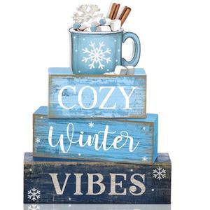 Lineshading 4 Pcs Winter Table Decoration Wooden Hot Cocoa Decor Winter Tiered Tray Decor Christmas Centerpiece Rustic Decorative Hot Cocoa Block Sign Farmhouse Christmas Decoration for Home Kitchen, Blue
