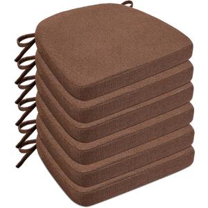 Sunsleek Chair Cushions for Dining Chairs, D-Shaped Seat Cushions with Removable Washable Cover and Ties, Chair Pads for Kitchen, Indoor Dining Room, Patio Chairs, 17'' x 16'', Set of 6, Brown