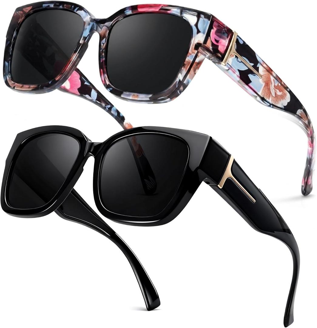 LVIOE 2 Pack Polarized Fit Over Sunglasses for Women Men Oversized Square Over Glasses Sunglasses with UV Protection LS7511 (A14 (2 Pack) Black/Grey+floral/Grey)