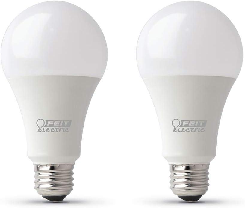 Feit Electric A19 100W Equivalent LED Light Bulbs, Dimmable, 3000k Bright White, 1600 Lumens, 22 Year Lifetime, E26 Base, CRI 90, UL Listed, Damp Rated, 2 Pack, OM100DM/930CA/2