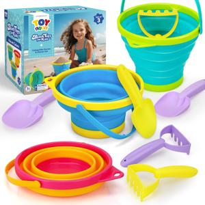 TOY Life 9 Pack Sand Buckets Toys Set with 3 Collapsible Beach Buckets 3 Shovels and 3 Rakes, Toddlers Beach Toys for Kids Ages 4-8 for Camping, Traveling, Fishing, Outdoor Summer Parties