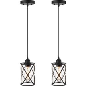 Glass Pendant Lights Kitchen Island 2 Pack, Black Mini Pendant Light with Clear Glass, Farmhouse Industrial Cage Hanging Lighting for Kitchen Sink Dining Room Bathroom, CH9176-1-2PK