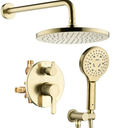Lavatrum Brushed Gold Shower Faucet Set, Wall Mount Rain Shower System 10 Inches, and Handheld Shower Included Rough-in Valve and Trim Kit