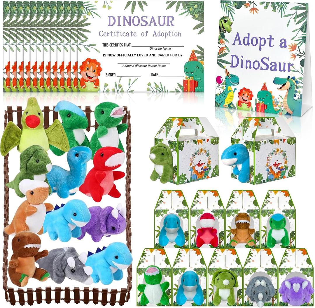 38 Pcs Adopt a Dinosaur Pet Party Favors Dinosaur Stuffed Animal Include 12 Mini Plush Dinosaur 12 Foldable Boxes 12 Adopt Dinosaur Cards 1 Adopt Sign 1 Adopt Fence for Adopt A Pet Party